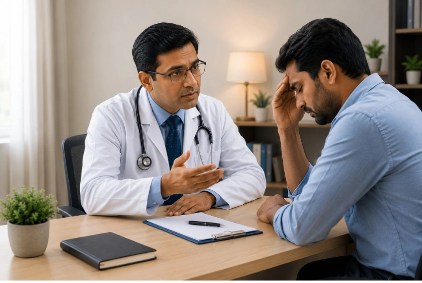 Healthcare professional counseling a brain tumor patient experiencing emotional and psychological challenges.