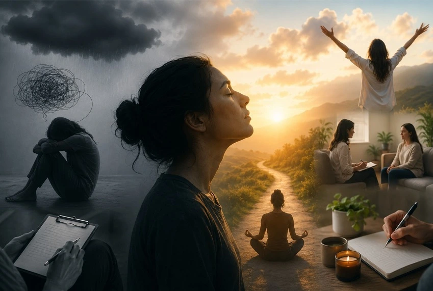 Professional managing workplace stress through mindfulness and productivity techniques